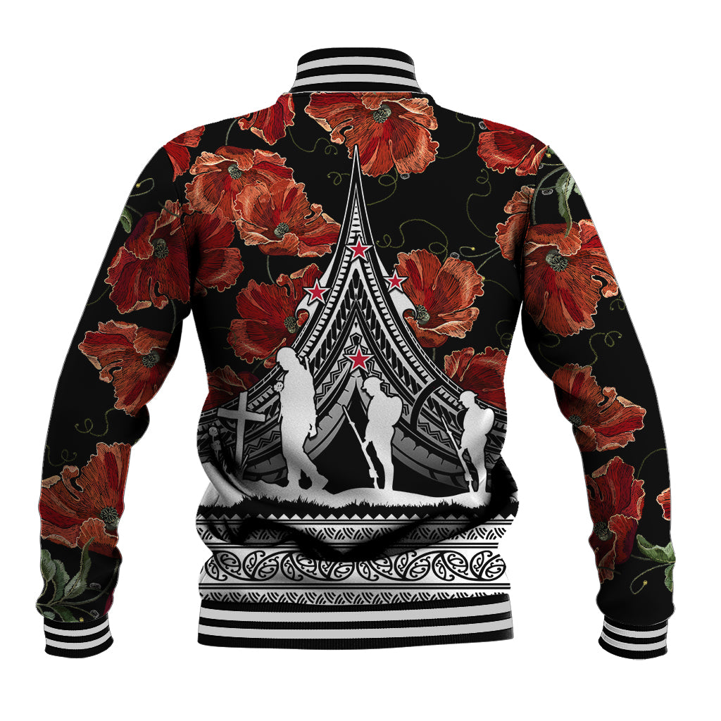 Black baseball jacket back with red poppy floral print and large Polynesian emblem
