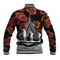 Black baseball jacket back with red poppy floral print and large Polynesian emblem