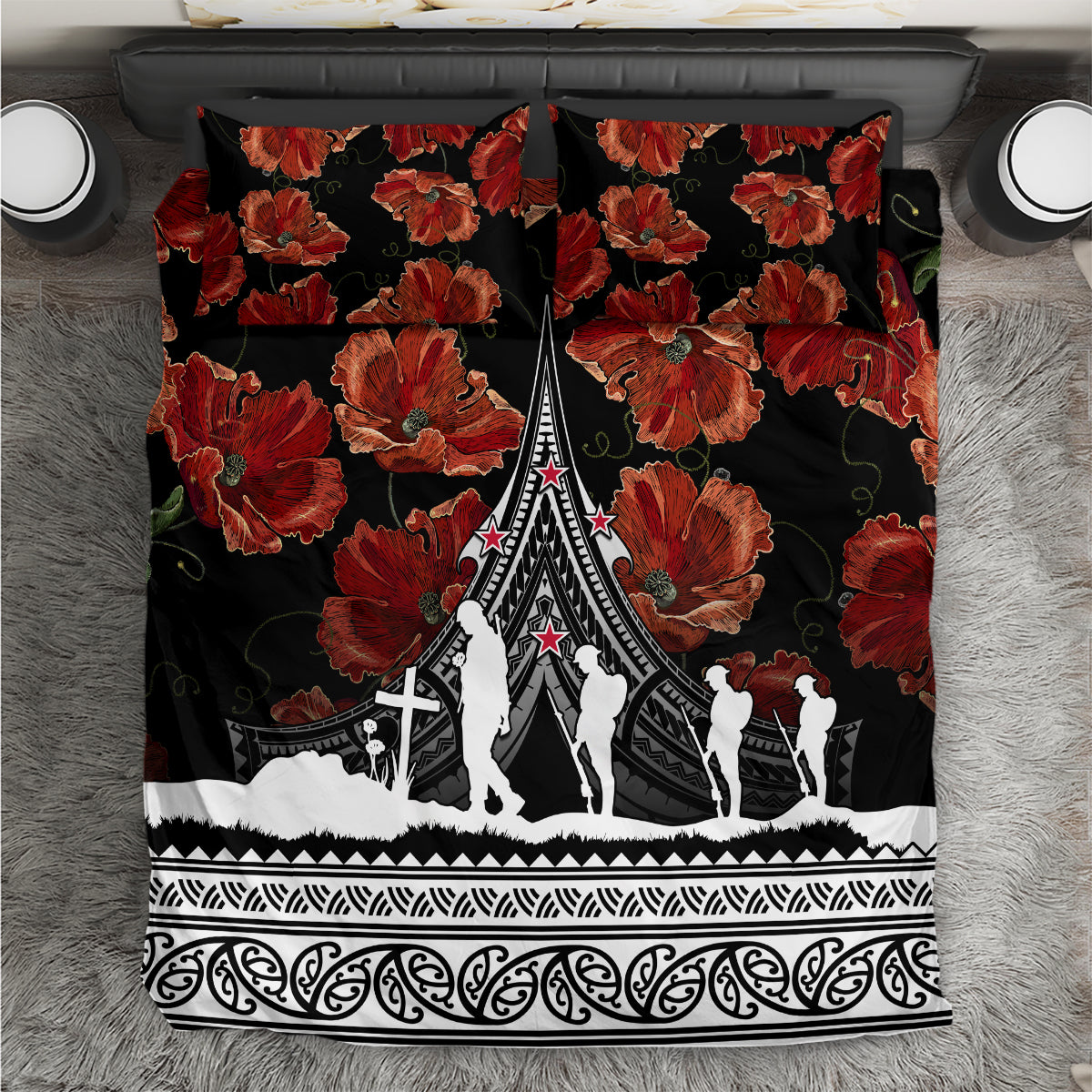 Black bedding set with red poppy floral print, white ceremonial figures and border design