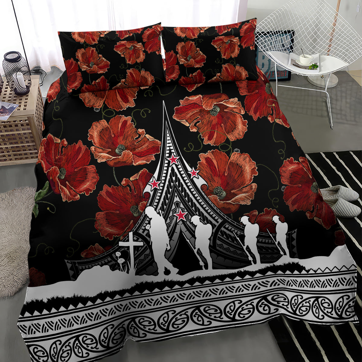 Black bedding set featuring red poppies, white ceremonial scene, and decorative bottom border