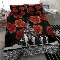 Black bedding set featuring red poppies, white ceremonial scene, and decorative bottom border