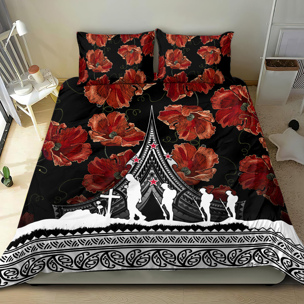 Black duvet cover and pillowcases with red poppy flowers and white illustrated ceremonial design