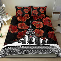 Black duvet cover and pillowcases with red poppy flowers and white illustrated ceremonial design