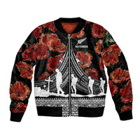Black bomber jacket with red poppy floral print and white Polynesian-style panel graphic