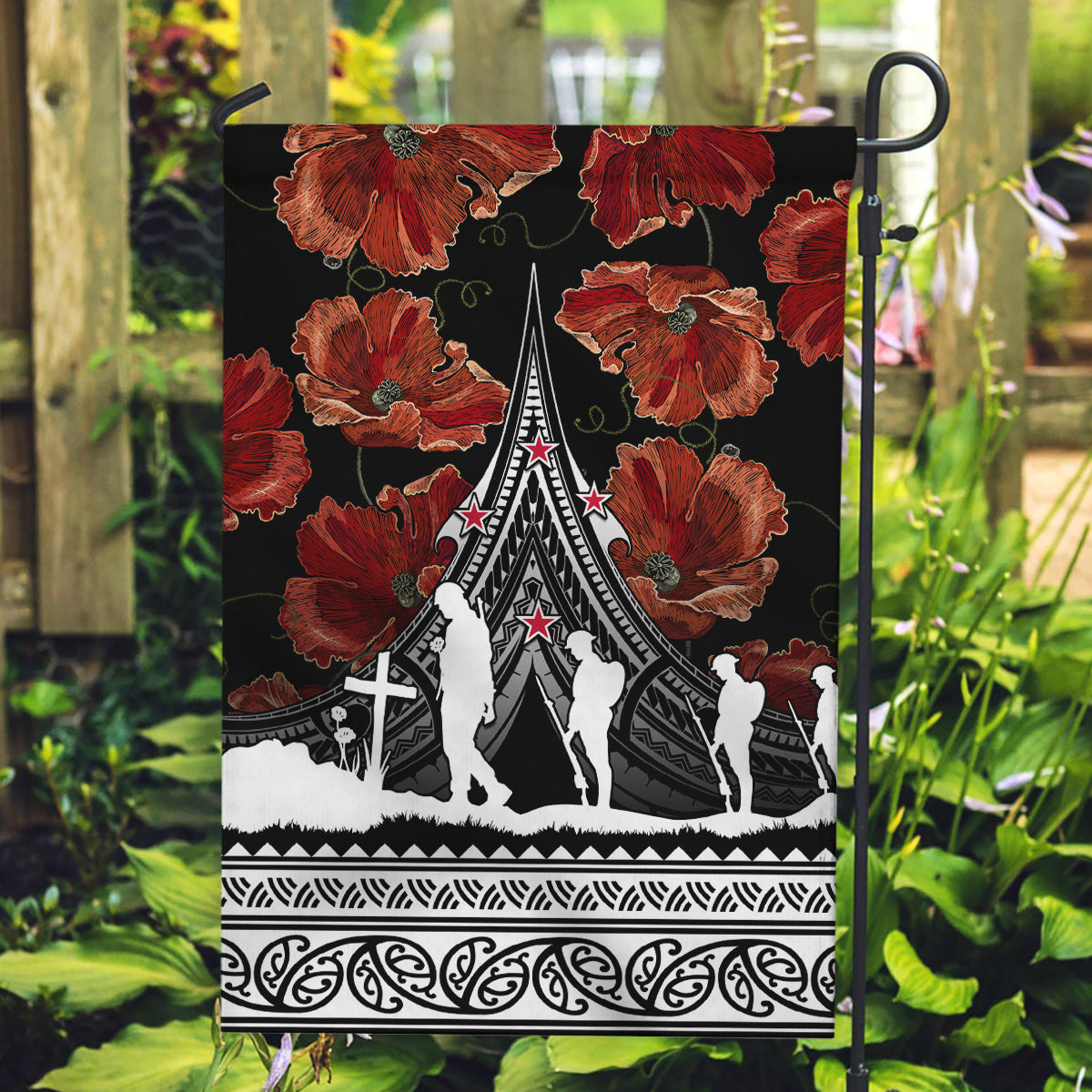 New Zealand ANZAC Day Garden Flag Poppy With Polynesian Pattern - Wonder Print Shop