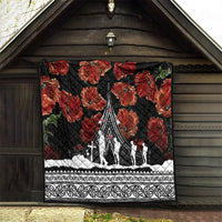 Black quilt with red poppies and white Polynesian border, central white monument and figures