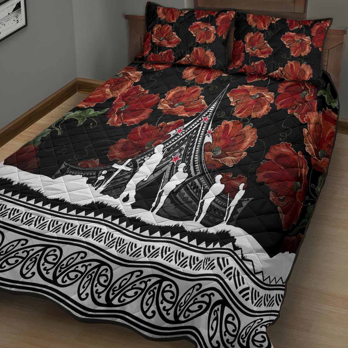 Black quilt bedspread with red poppy pattern, Polynesian trim, white aircraft and soldier print.