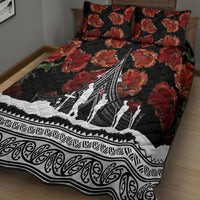 Black quilt bedspread with red poppy pattern, Polynesian trim, white aircraft and soldier print.