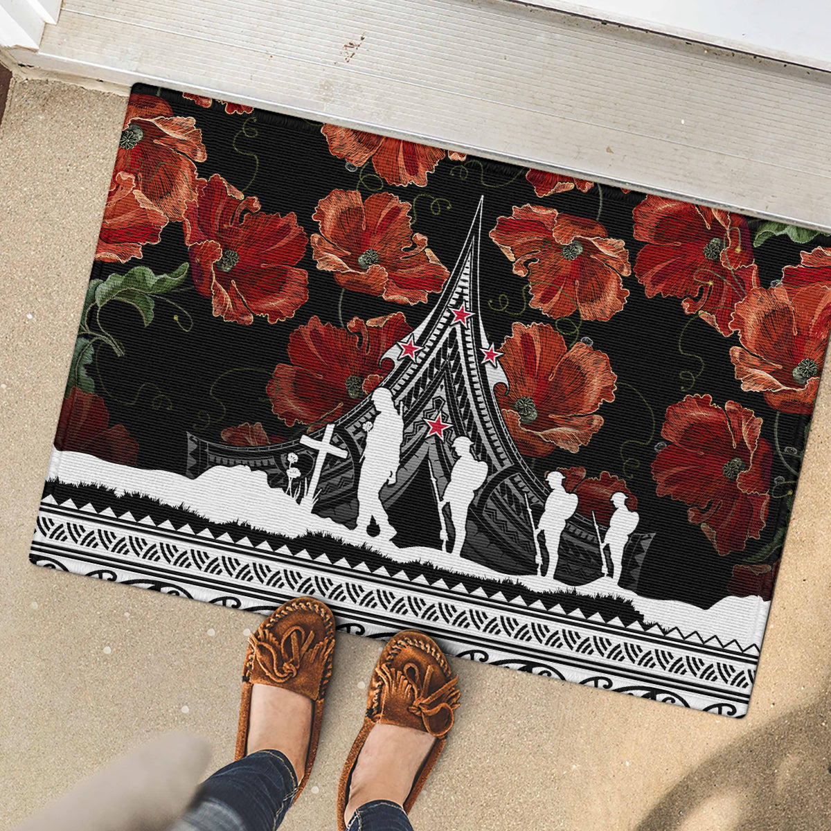 Black rubber doormat with red poppies and white memorial silhouettes, decorative bottom band