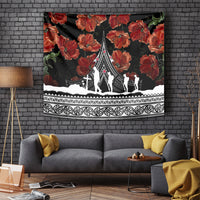 Black ANZAC Day tapestry with red flowers, white marchers silhouette, and tribal border