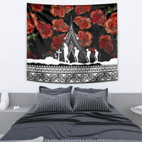 Black ANZAC Day tapestry with red floral pattern, white marchers, and ornate bottom border