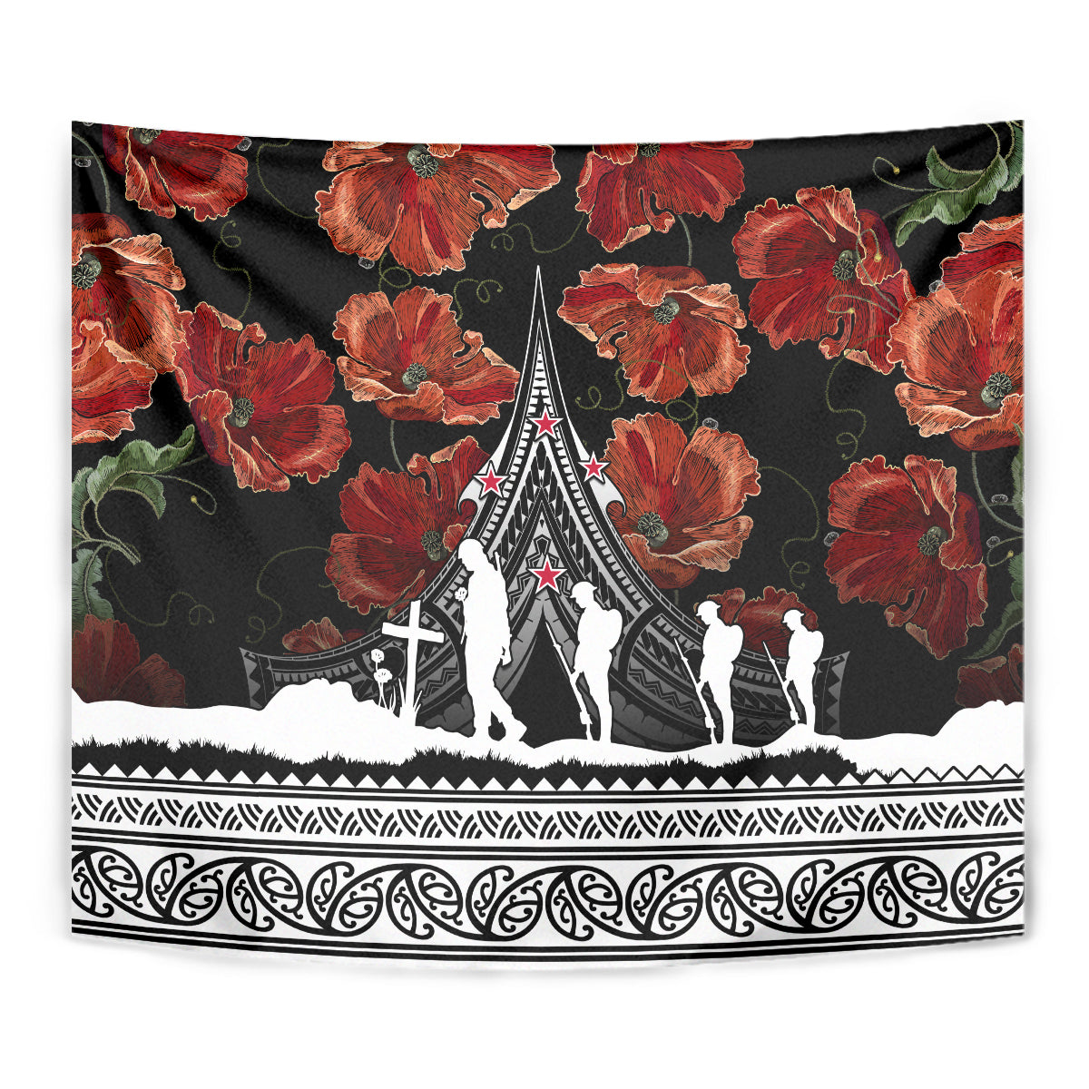 Black ANZAC Day tapestry close-up with red florals, white marchers, and detailed tribal border