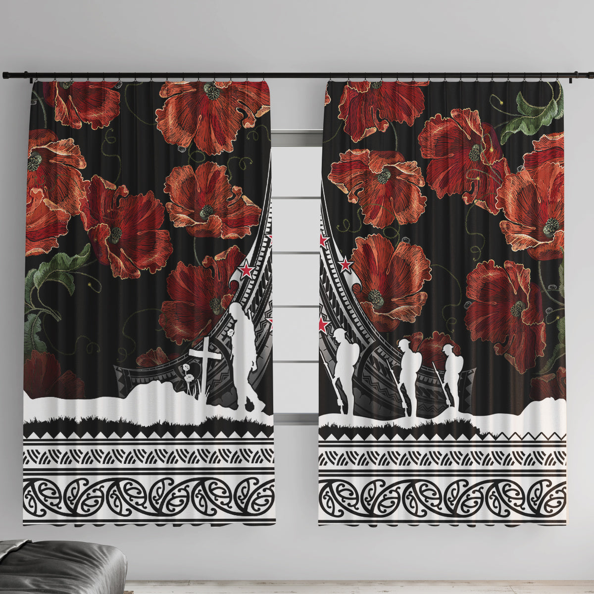 Window curtain panels in black with red poppies, white border, and ANZAC soldier motifs