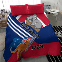 Bedding set with red/blue duvet cover and matching pillows, koala and kangaroo flag art
