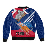 Blue bomber jacket with koala and kangaroo graphic, Australian flag stripes, ribbed hem