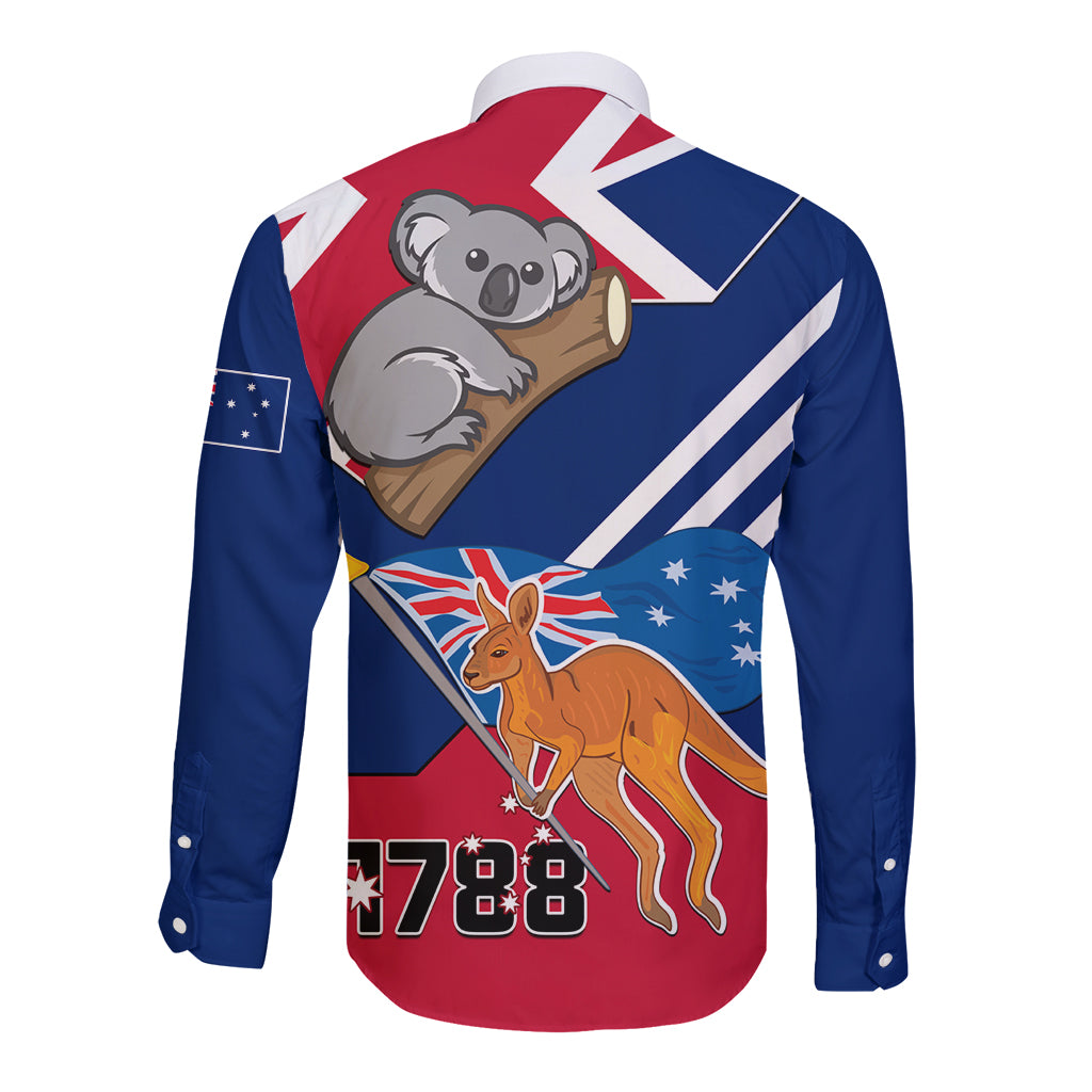 Blue long-sleeve button shirt, koala and kangaroo with Australia flag graphic