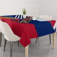 Rectangular Australia Day tablecloth with koala and kangaroo motifs, red and navy color blocks