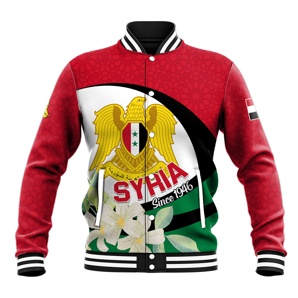 Red baseball varsity jacket with striped collar and cuffs, front button-up featuring Syria emblem
