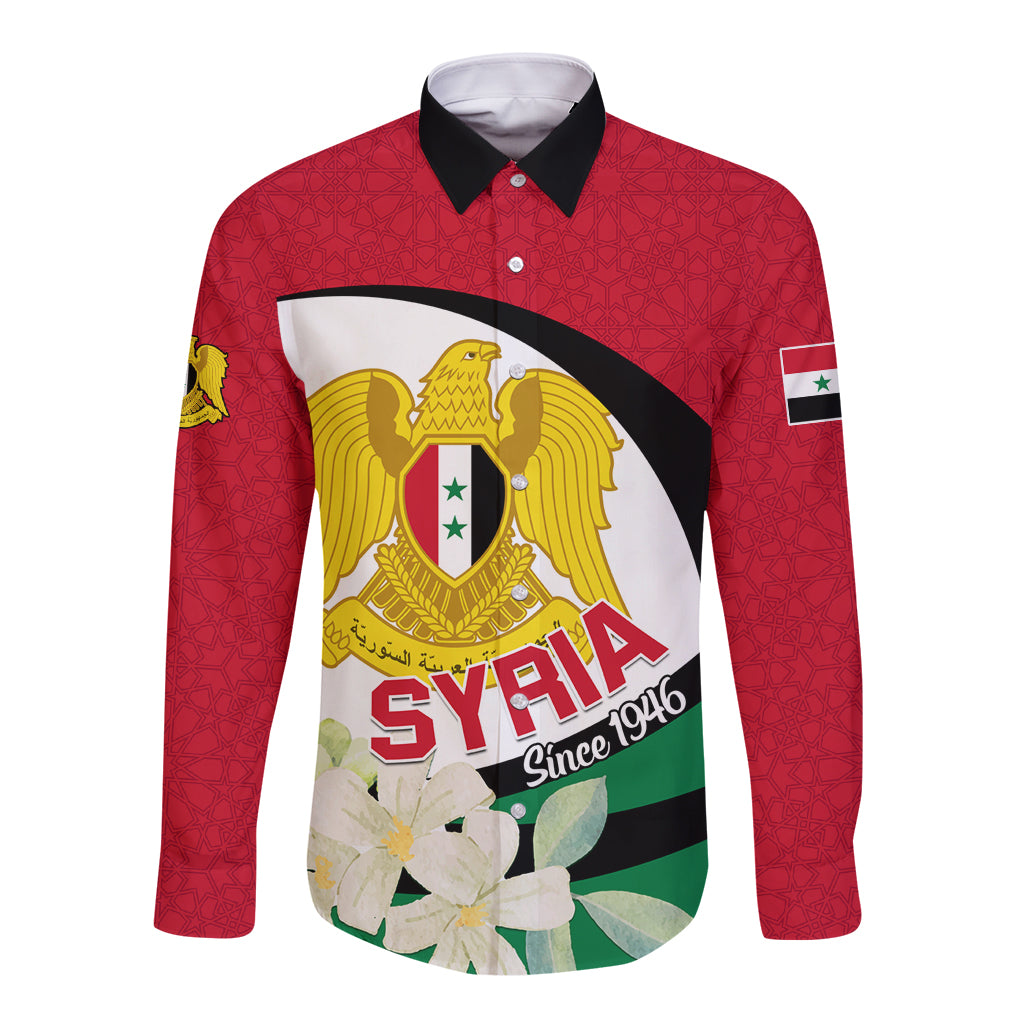 Unisex red long-sleeve button shirt with Syrian coat of arms, flag, jasmine flower