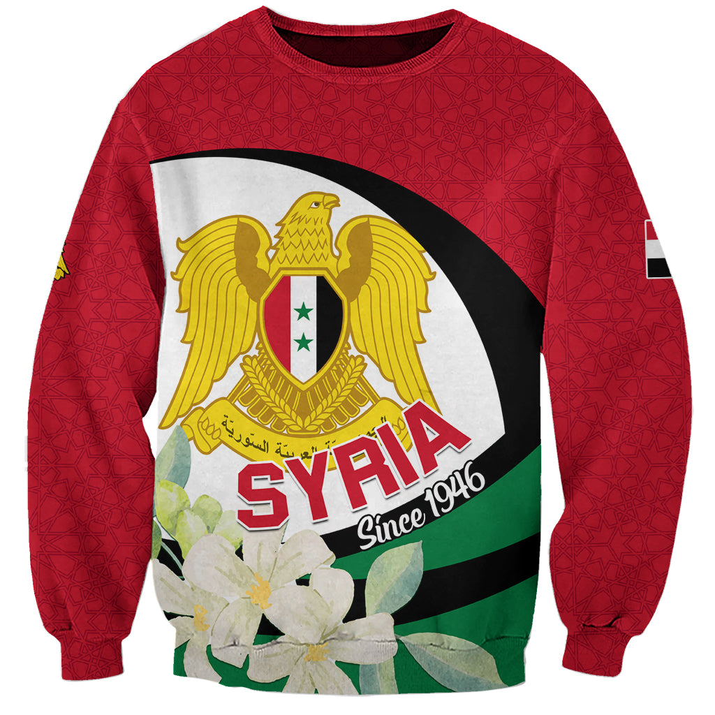 Red unisex sweatshirt with large Syria emblem and jasmine flowers graphic