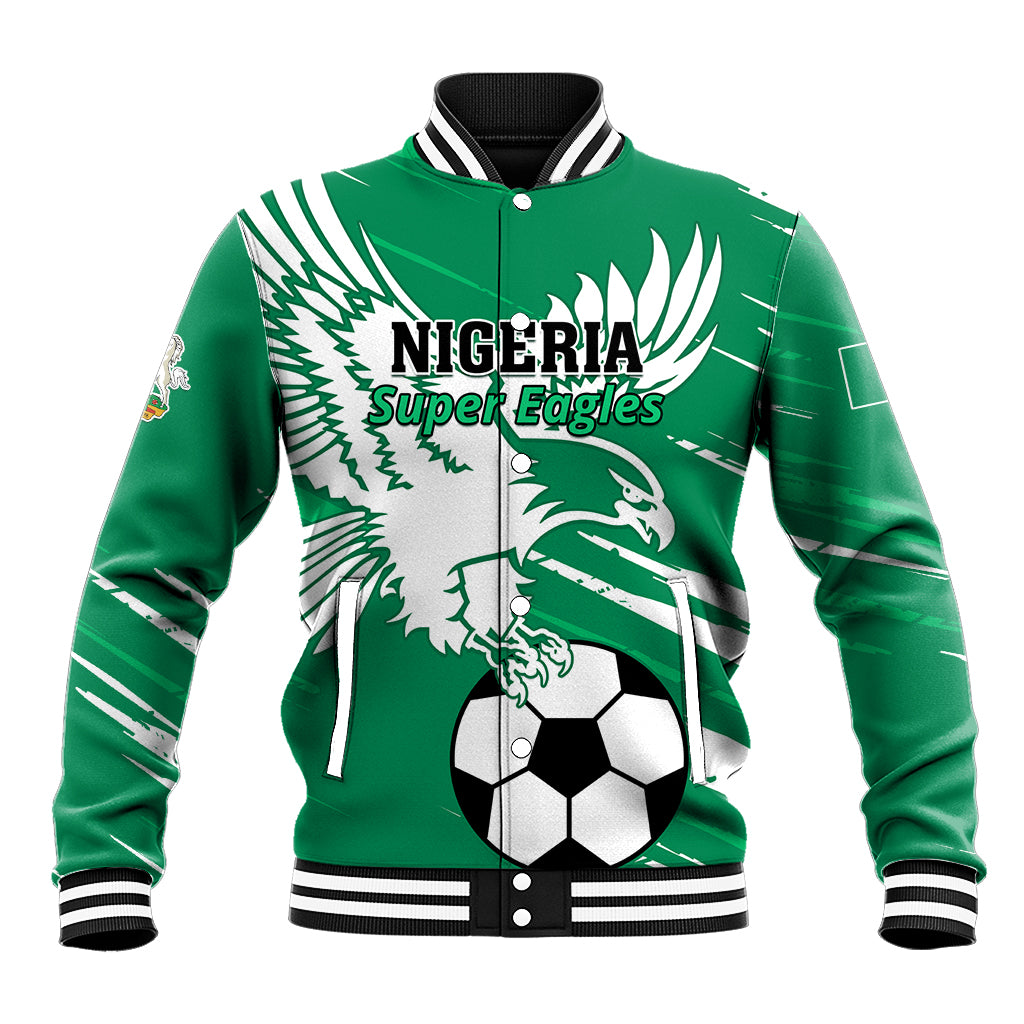 Green baseball jacket with Nigeria Super Eagles graphic, snap front, ribbed collar and cuffs