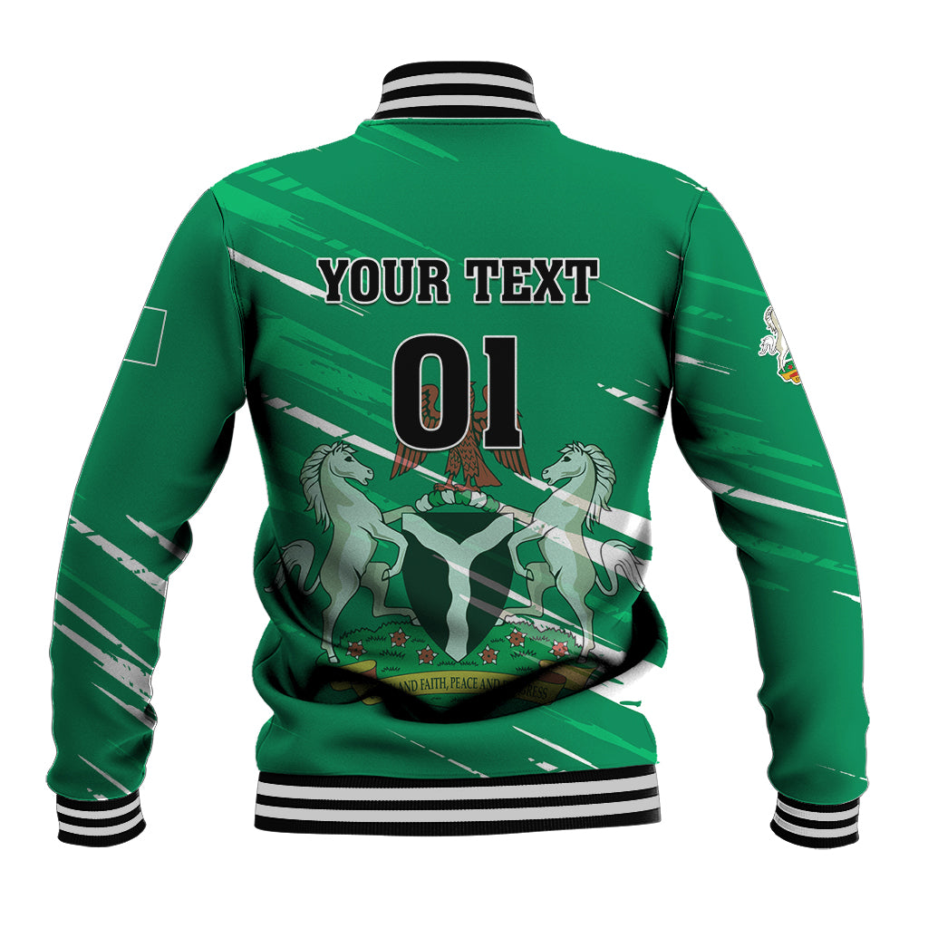 Green baseball jacket with back print showing 01 emblem, ribbed hem, striped collar and cuffs