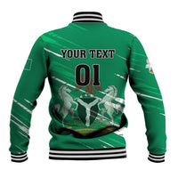 Green baseball jacket with back print showing 01 emblem, ribbed hem, striped collar and cuffs
