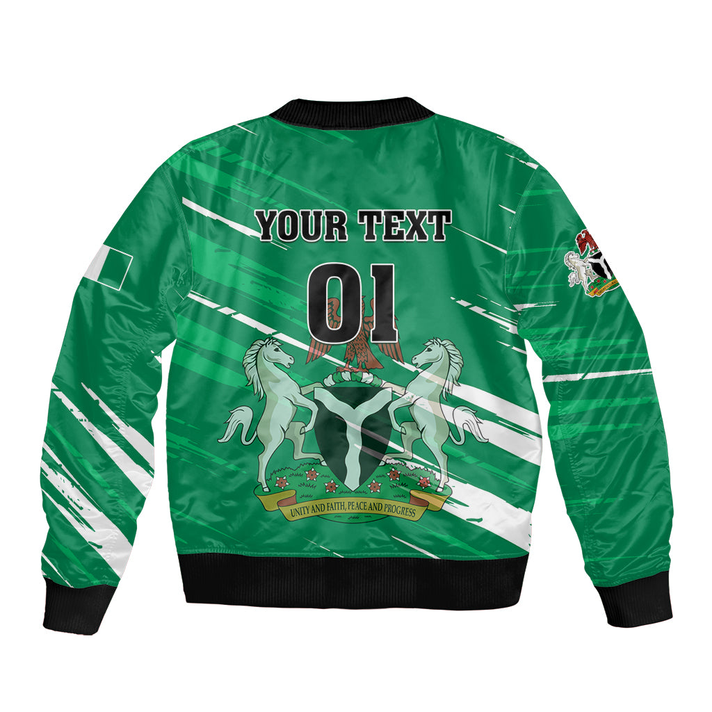 Green football bomber jacket back with '01' and 'YOUR TEXT', ribbed cuffs