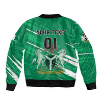 Green football bomber jacket back with '01' and 'YOUR TEXT', ribbed cuffs