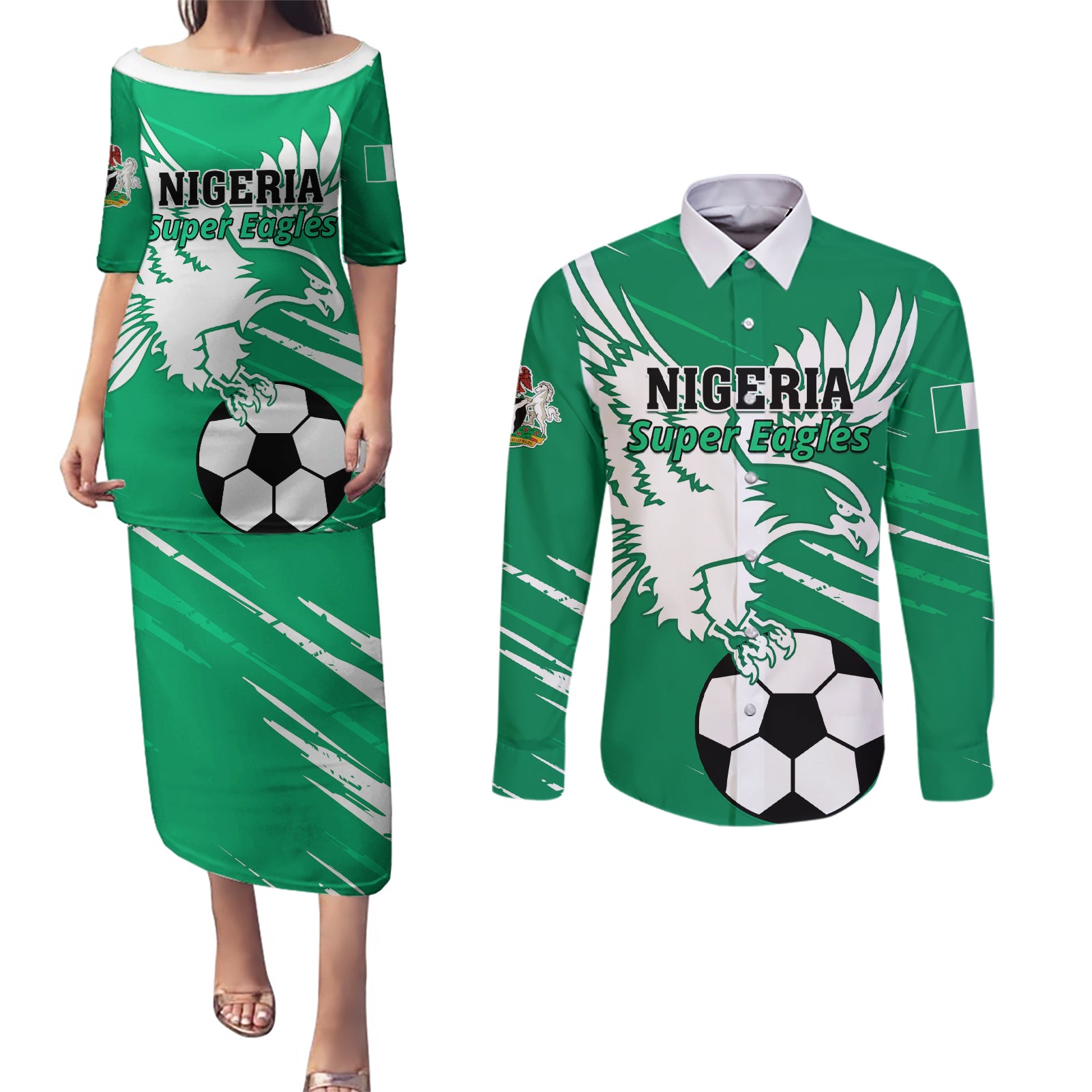 Nigeria Football Couples Matching Puletasi and Long Sleeve Button Shirt Go Super Eagles - Wonder Print Shop