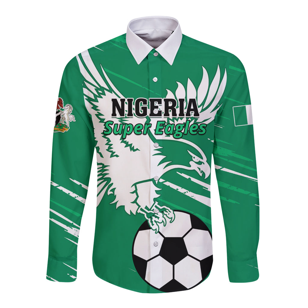 Green long-sleeve button shirt with front Nigeria Super Eagles graphic and crest