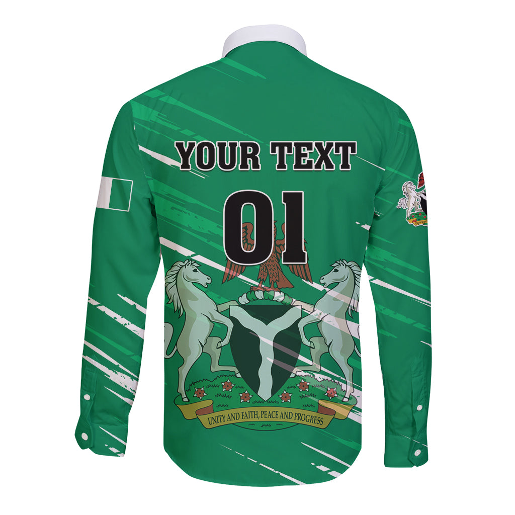 Green long-sleeve button shirt with back print 01, horses, and your text