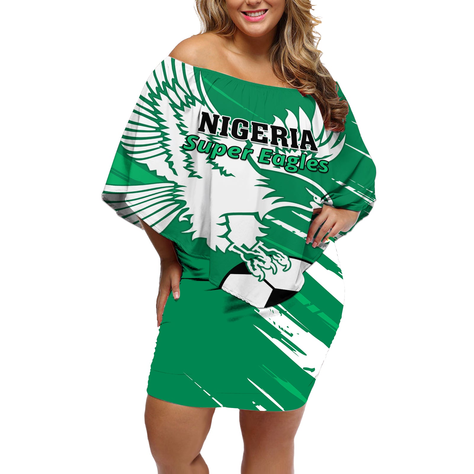 Nigeria Football Off Shoulder Short Dress Go Super Eagles - Wonder Print Shop