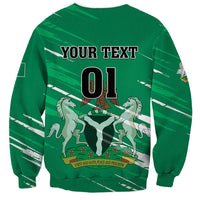 Green sweatshirt with back graphic '01' and horses, 'YOUR TEXT' above