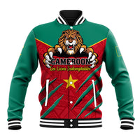 Green Cameroon football baseball jacket with lion crest, striped ribbed cuffs, snap front