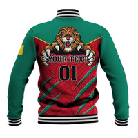 Green football baseball jacket with lion graphic, 'YOUR TEXT' and 01 on back