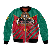 Unisex green and red bomber jacket with lion crest, full zipper, black rib trim