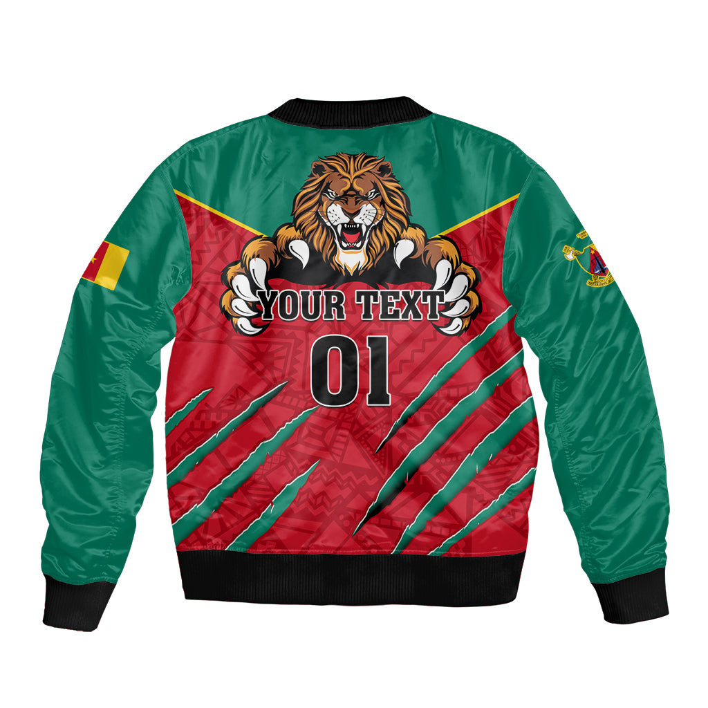 Unisex green and red bomber jacket with back lion graphic, centered text and 01, rib trim