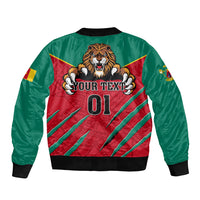 Unisex green and red bomber jacket with back lion graphic, centered text and 01, rib trim