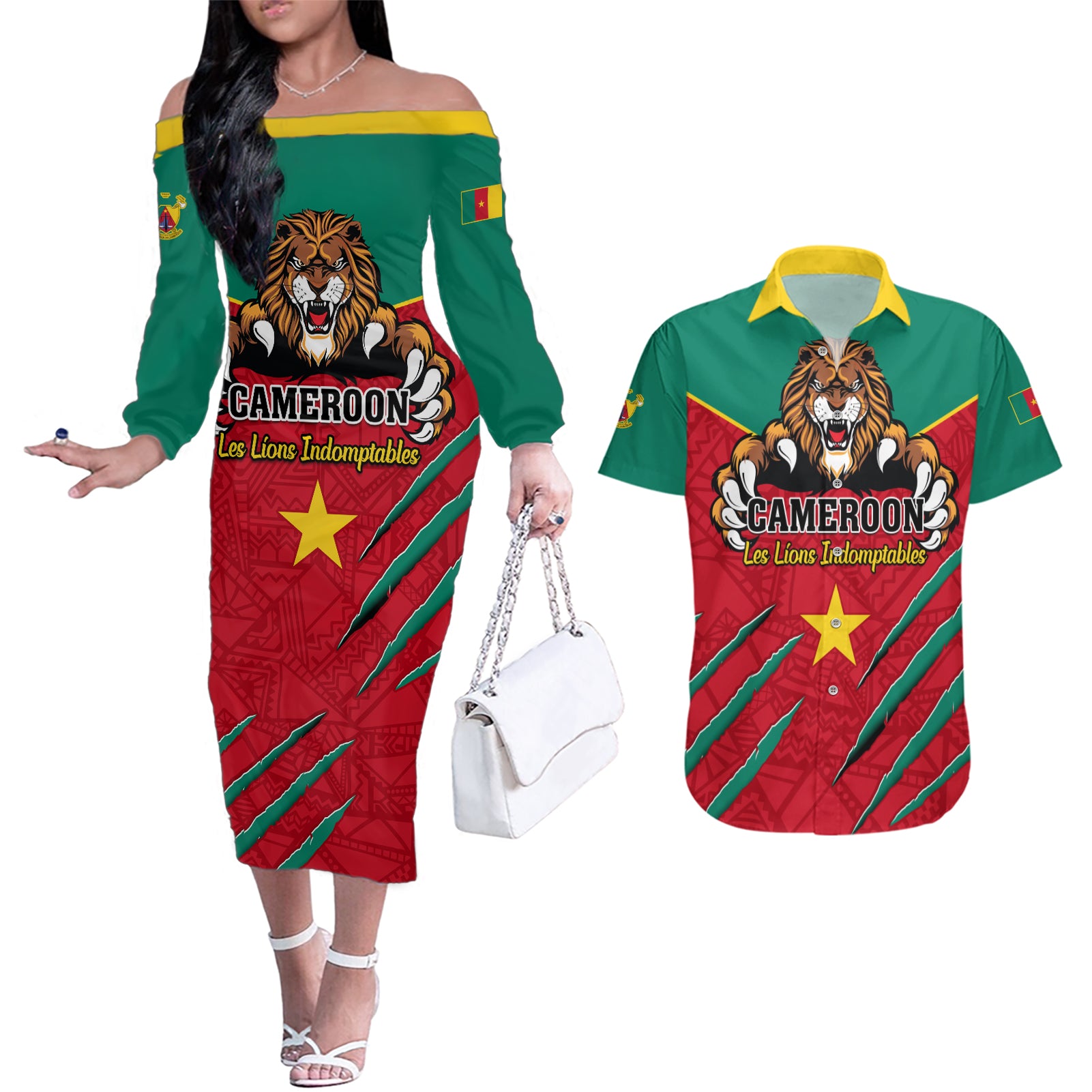 Cameroon Football Couples Matching Off The Shoulder Long Sleeve Dress and Hawaiian Shirt Go Les Lions Indomptables - Wonder Print Shop