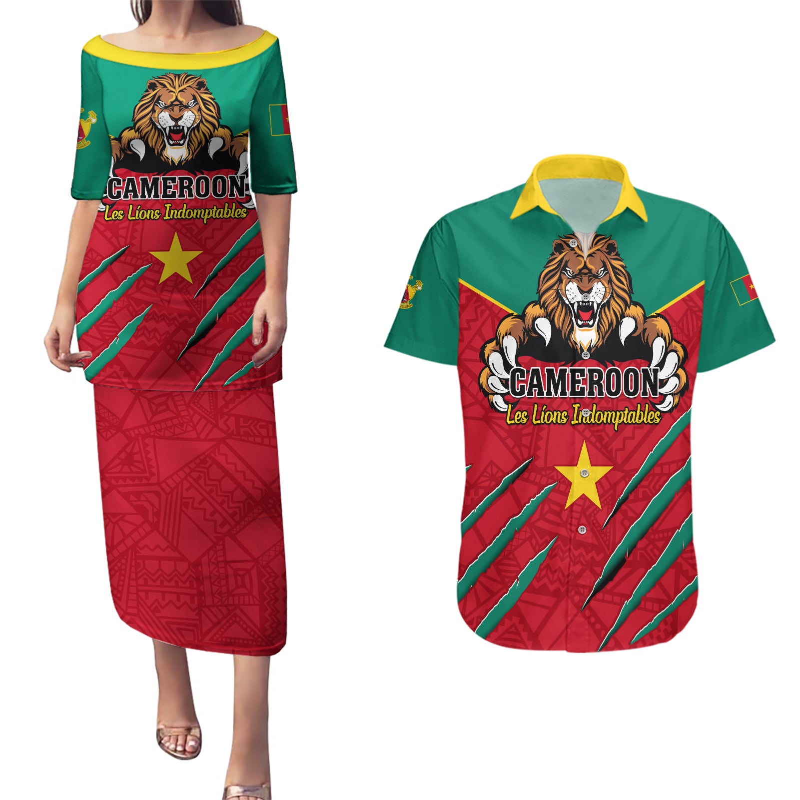 Cameroon Football Couples Matching Puletasi and Hawaiian Shirt Go Les Lions Indomptables - Wonder Print Shop