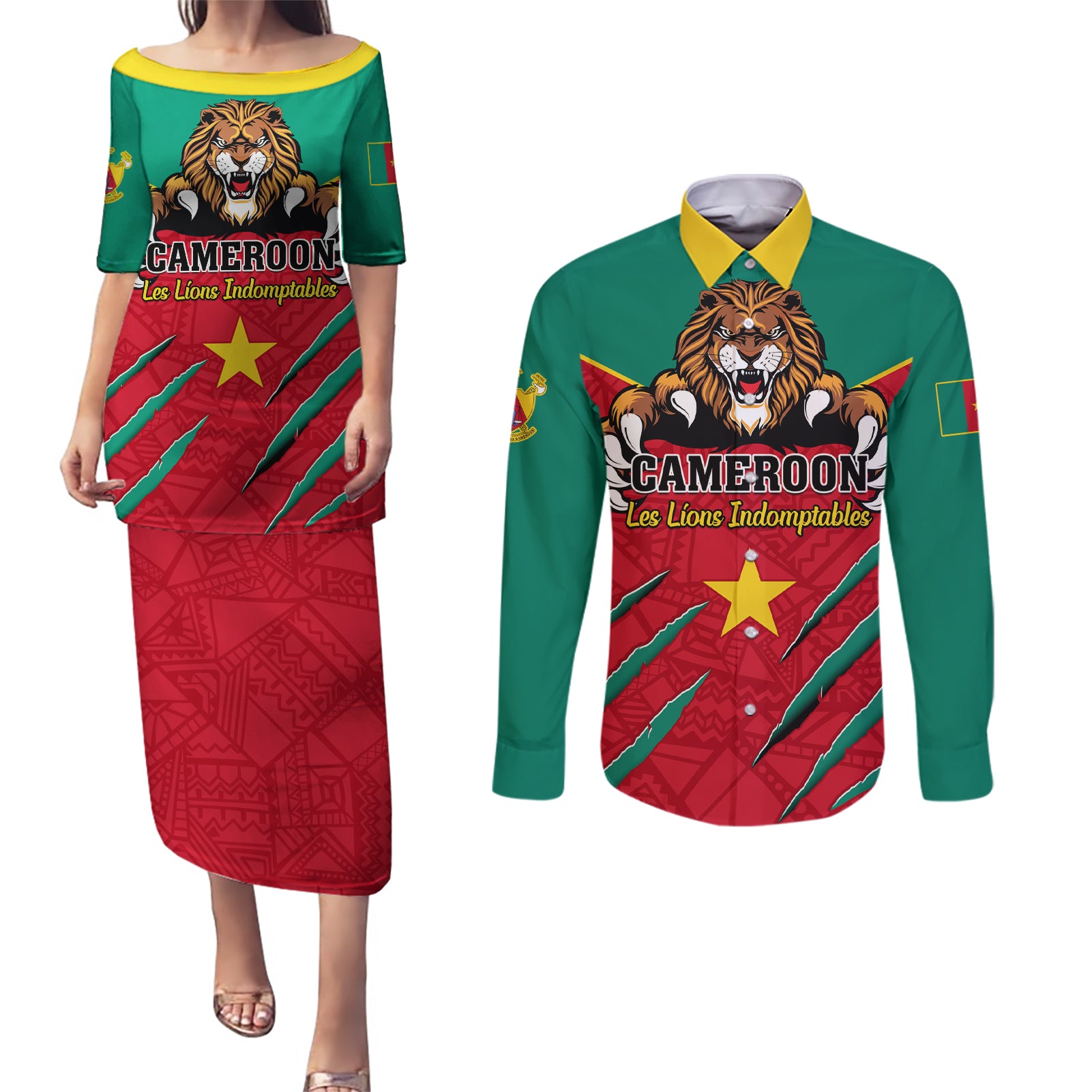 Cameroon Football Couples Matching Puletasi and Long Sleeve Button Shirt Go Les Lions Indomptables - Wonder Print Shop