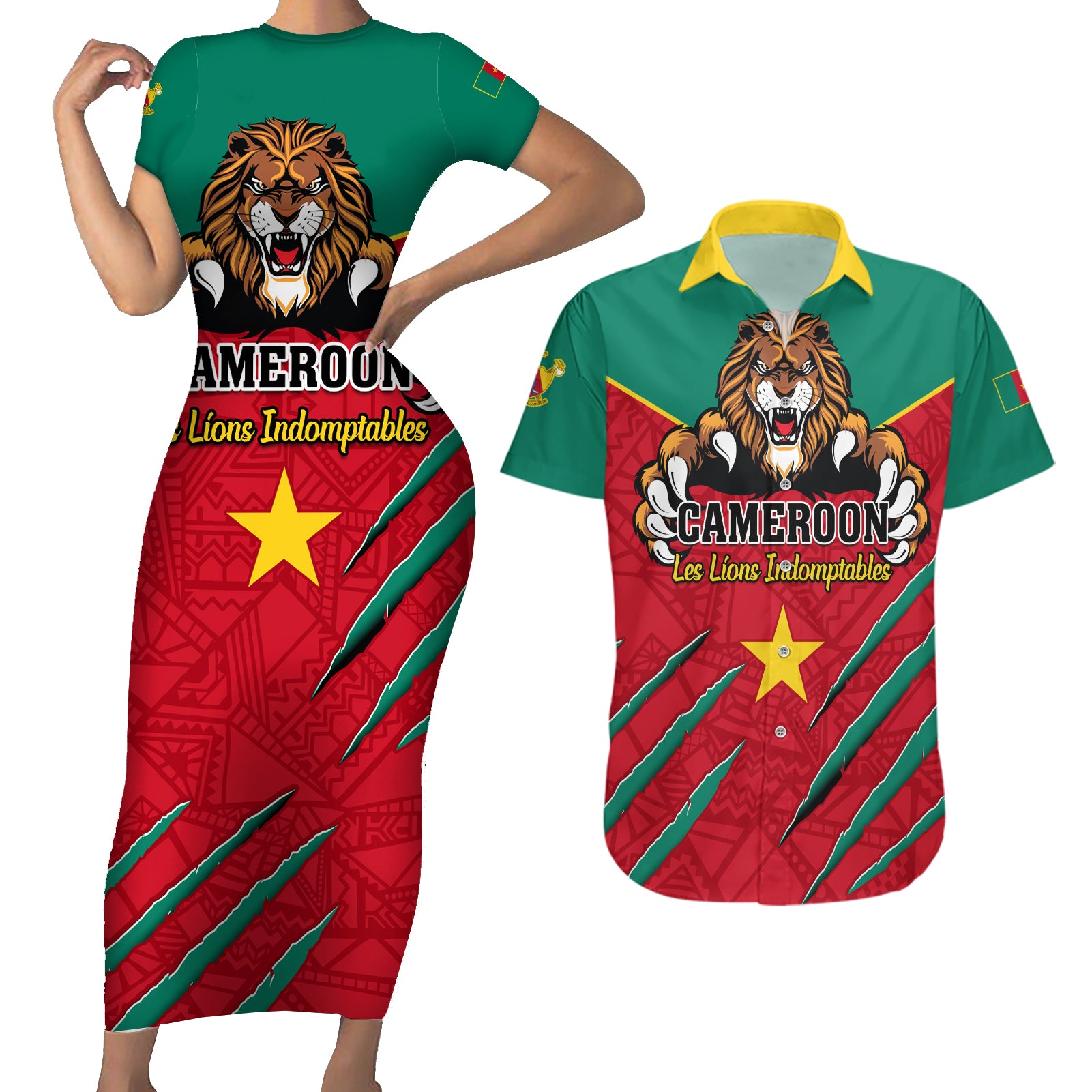 Cameroon Football Couples Matching Short Sleeve Bodycon Dress and Hawaiian Shirt Go Les Lions Indomptables - Wonder Print Shop