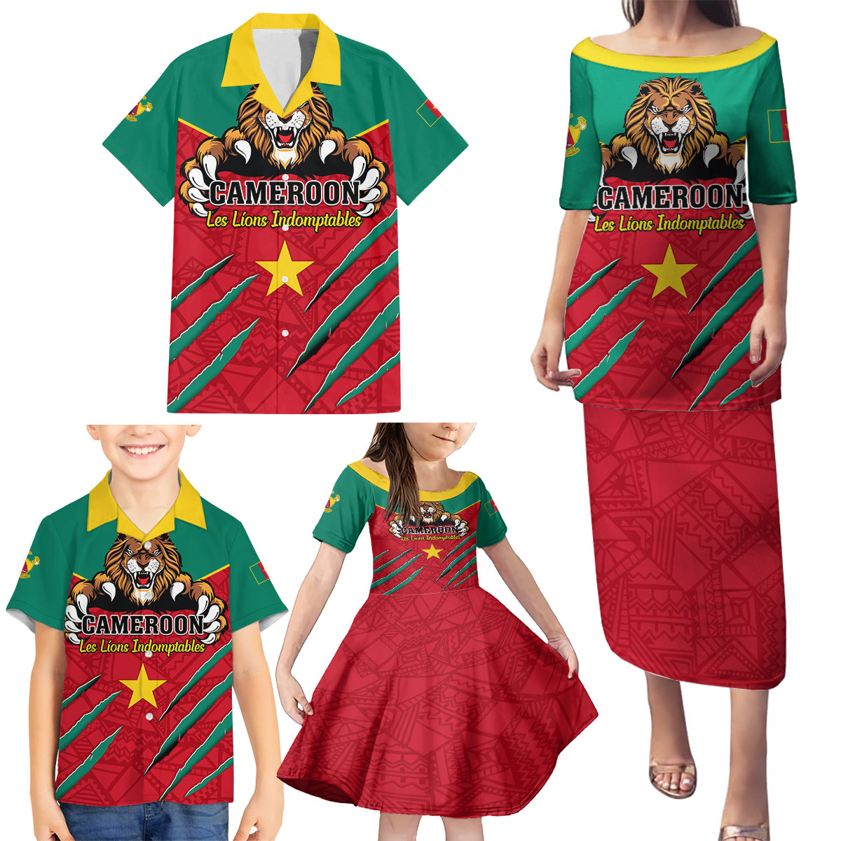 Cameroon Football Family Matching Puletasi and Hawaiian Shirt Go Les Lions Indomptables - Wonder Print Shop