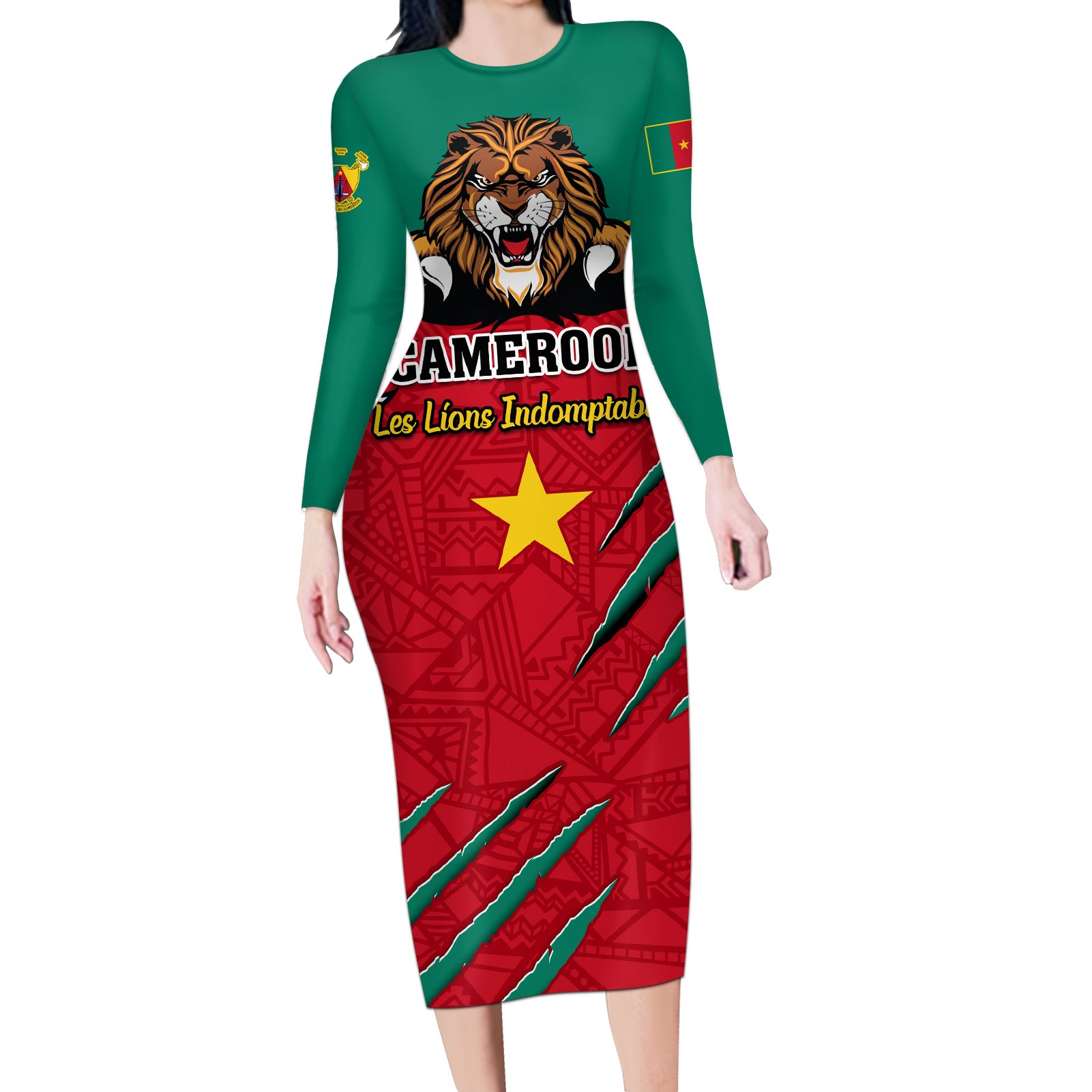 Cameroon Football Long Sleeve Bodycon Dress Go Les Lions Indomptables - Wonder Print Shop