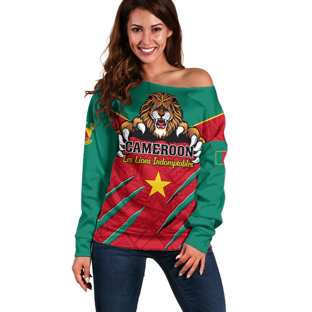 Cameroon Football Off Shoulder Sweater Go Les Lions Indomptables - Wonder Print Shop