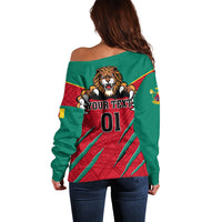 Off-shoulder sweater back graphic '01' with lion head, green and red stripes