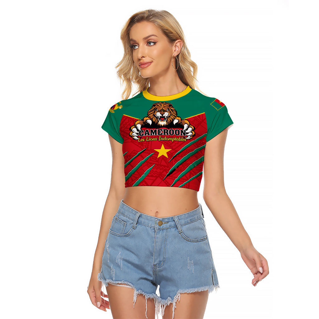 Cameroon Football Raglan Cropped T Shirt Go Les Lions Indomptables - Wonder Print Shop