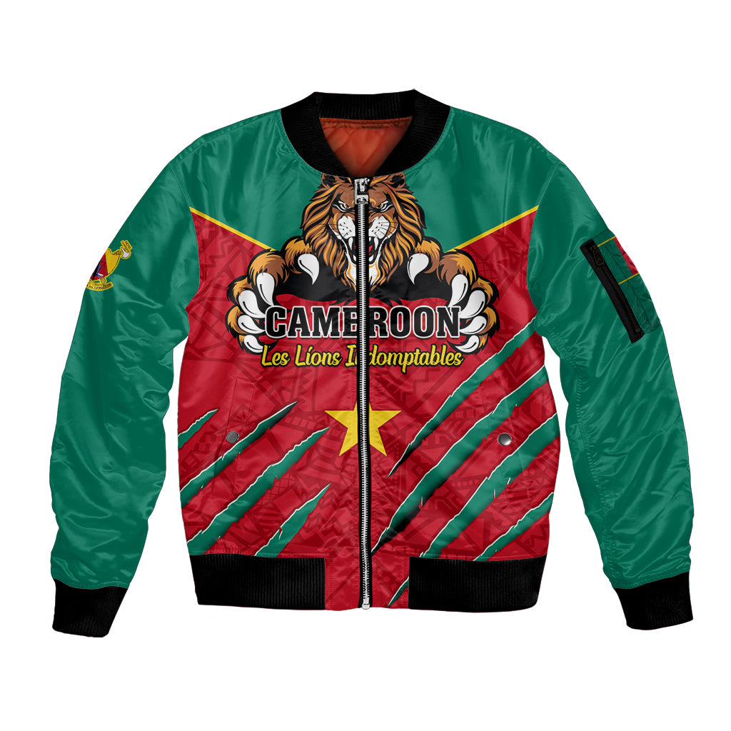 Cameroon Football Sleeve Zip Bomber Jacket Go Les Lions Indomptables - Wonder Print Shop