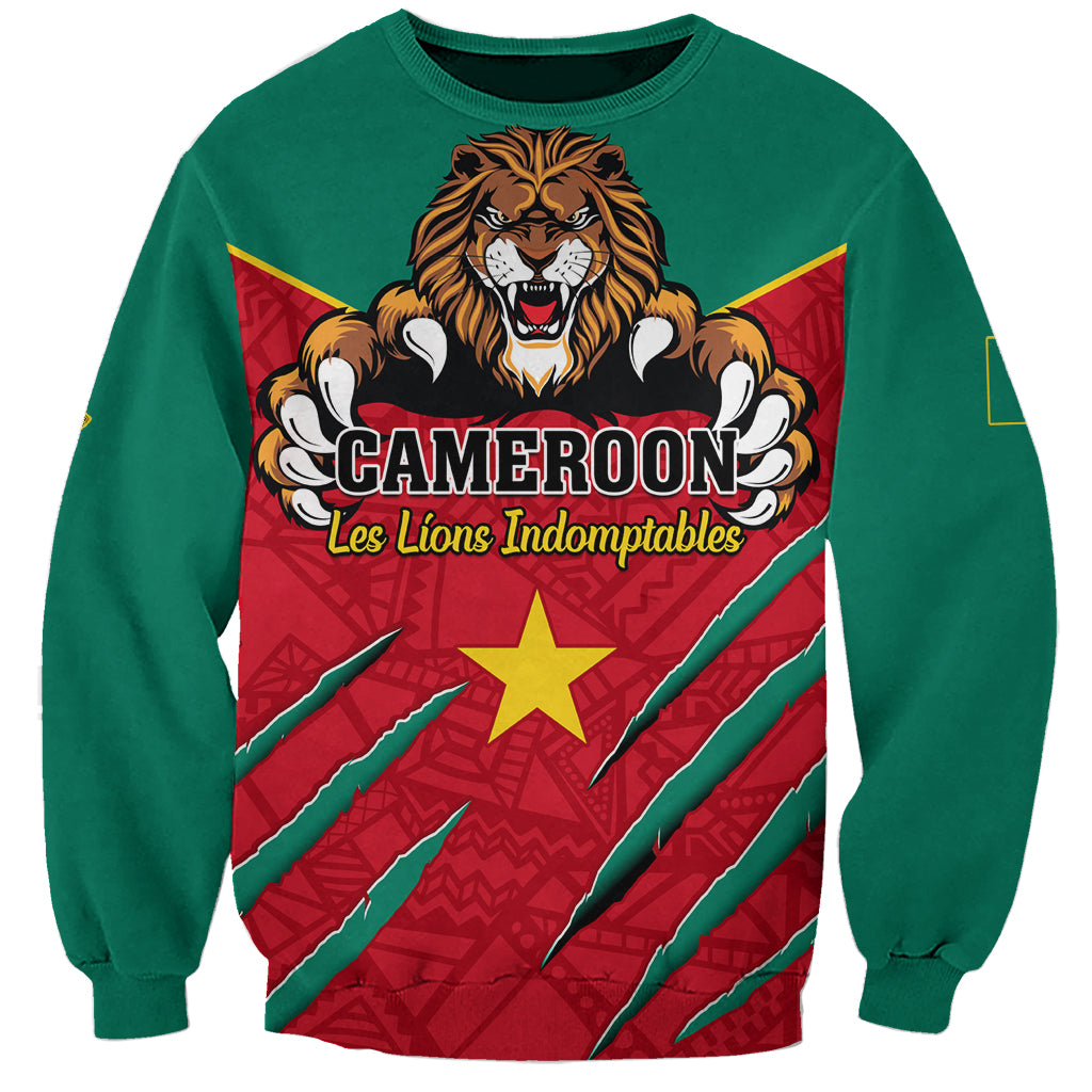 Green crewneck football sweatshirt with large lion graphic and CAMEROON lettering